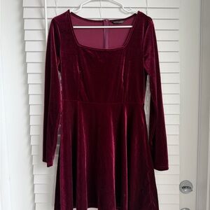 Wine Red Velvet Long-Sleeve Fit & Flare Dress